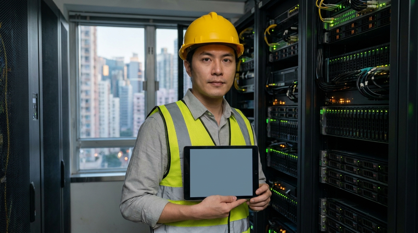 An engineer wearing a yellow safety helmet standing inside a commercial building's server room, holding a tablet computer, with neatly arranged server racks flashing green and orange indicator lights in the background
