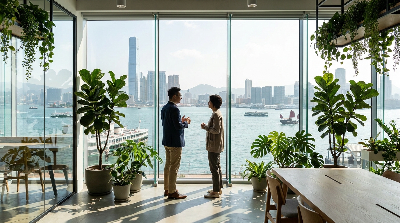 A well-lit Grade A office in Hong Kong, with two people in business casual attire chatting in front of floor-to-ceiling windows overlooking a daytime view of Victoria Harbour, with plenty of green plants decorating the interior