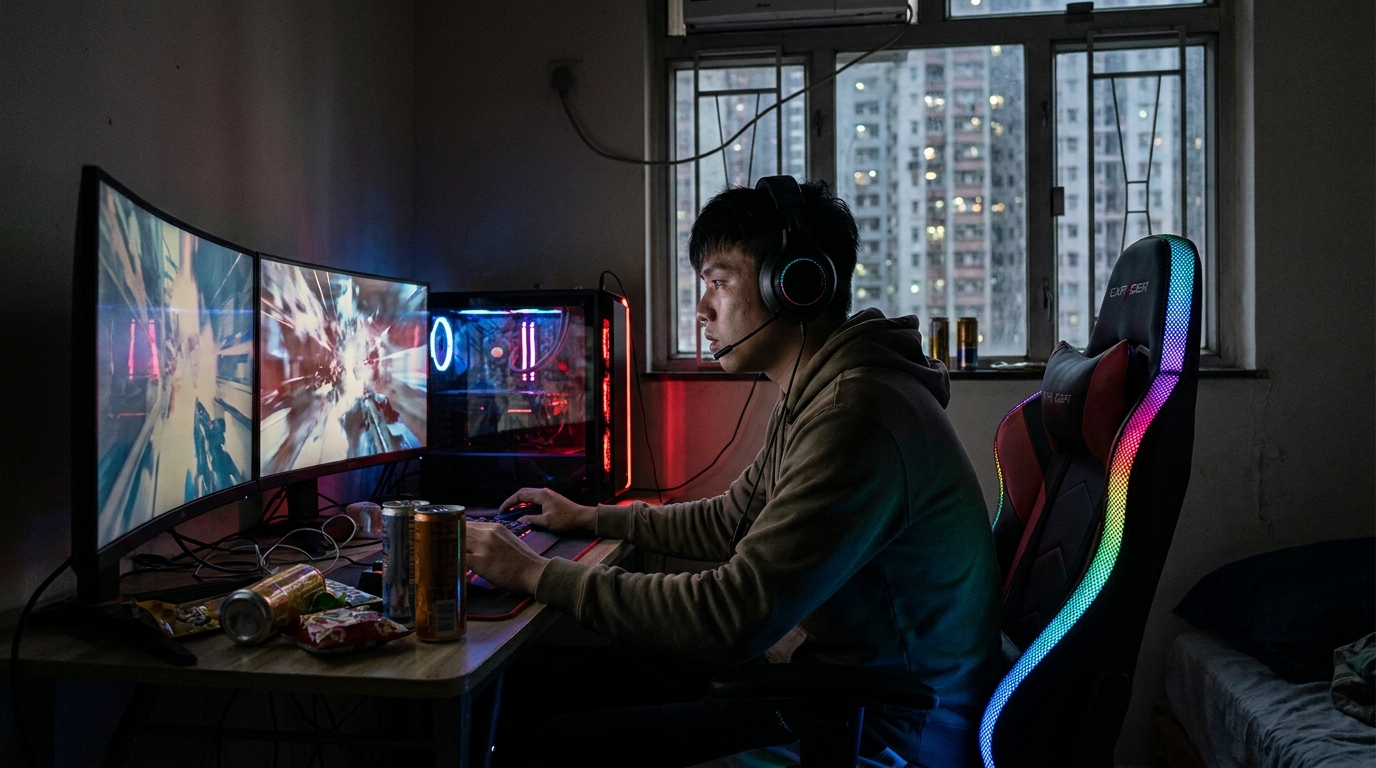 a young man in a dimly lit room, sitting on an illuminated gaming chair facing three computer monitors, intensely playing a game, with a PC case emitting blue and red LED lights nearby
