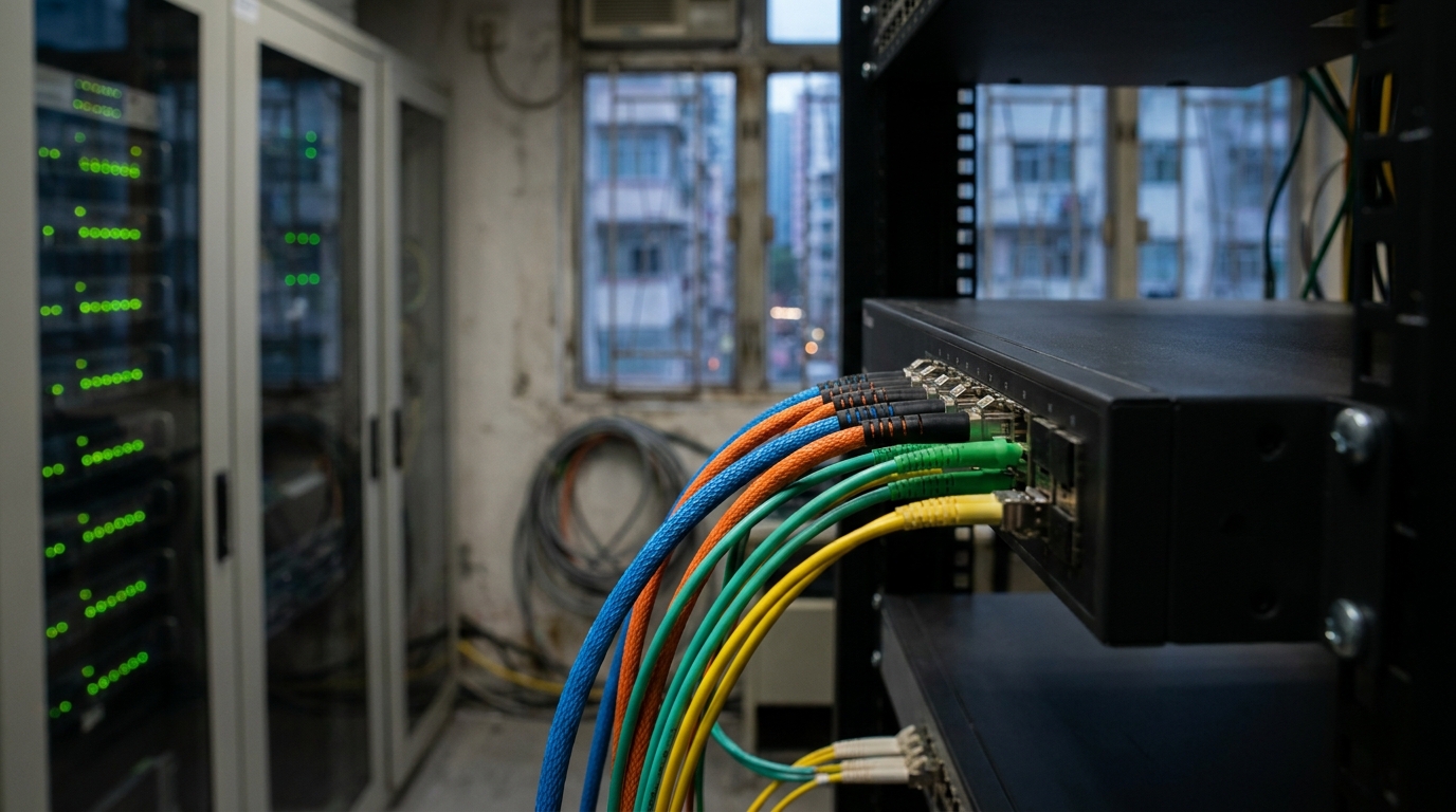 several brightly colored fiber optic cables plugged into a black metal network switch, with blurred green indicator lights of a server rack flashing in the background