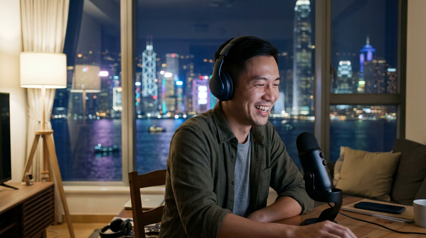 a thirty-year-old man wearing headphones in the living room of a high-rise Hong Kong apartment, smiling and speaking into a computer microphone, with the night view of Victoria Harbour outside the window