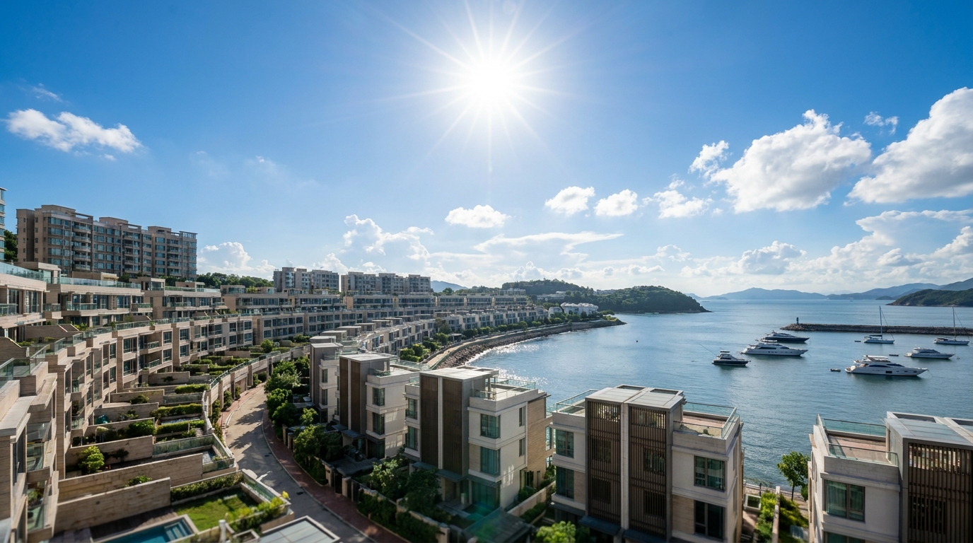 陽光普照下嘅愉景灣全景，海邊有現代化嘅低密度住宅區，背景係藍天白雲同埋平靜嘅海面，有幾隻遊艇停泊喺水面