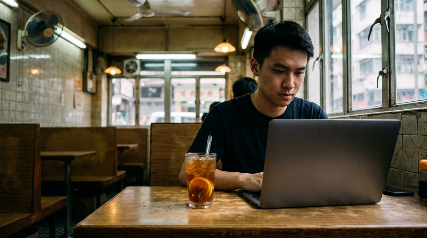 A young man using a silver laptop inside a Hong Kong cha chaan teng, with a glass of iced lemon tea on the table, dim lighting, relaxed atmosphere