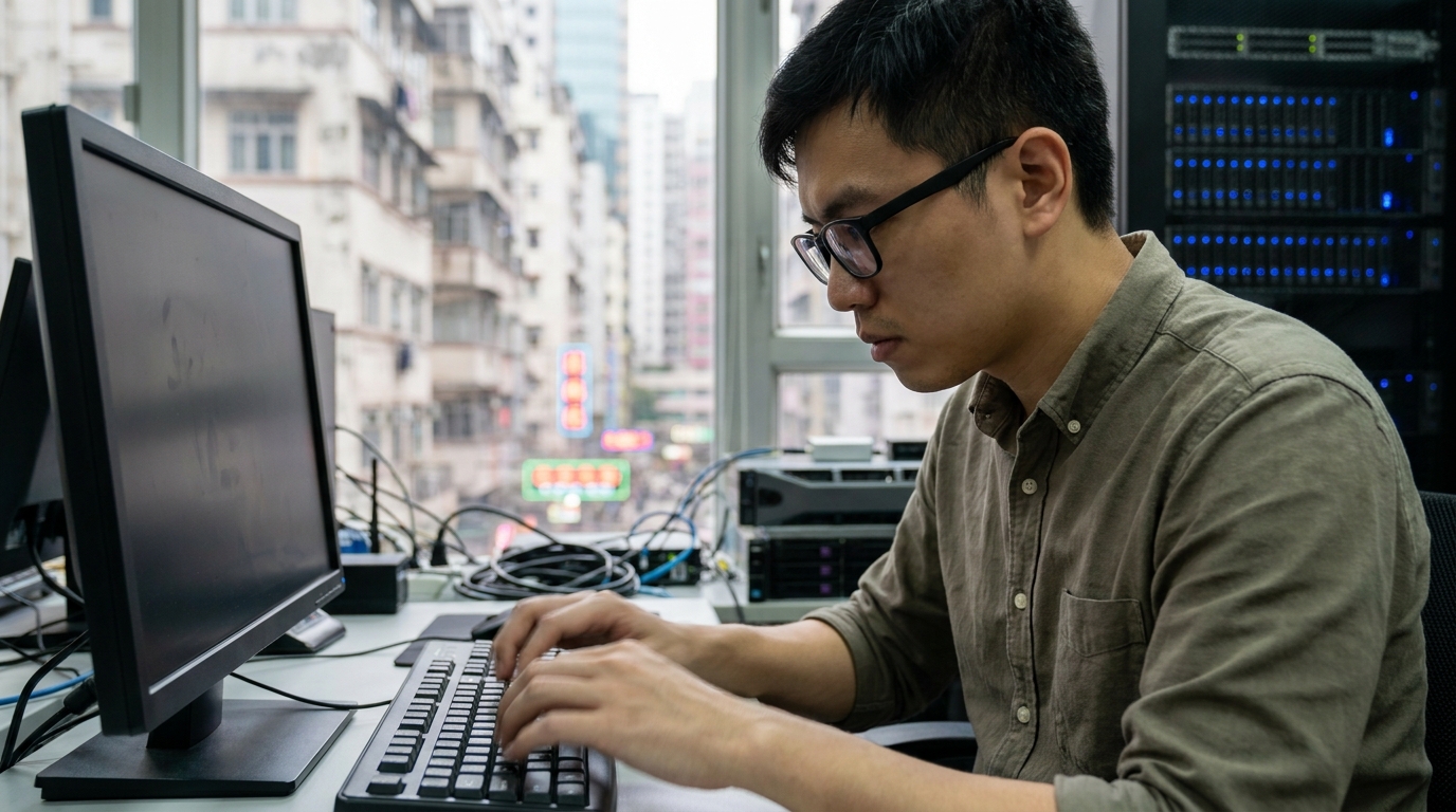 An IT professional wearing black-framed glasses, sitting at an office computer, typing intently on the keyboard, with several server racks emitting blue light in the background