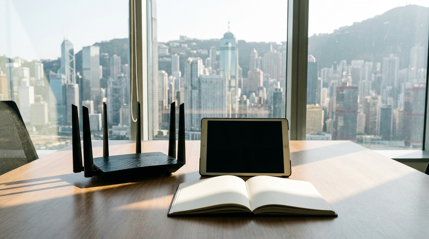 A black multi-antenna router sitting on a conference table in an office, next to a tablet and a notebook, with sunlight streaming in through the window