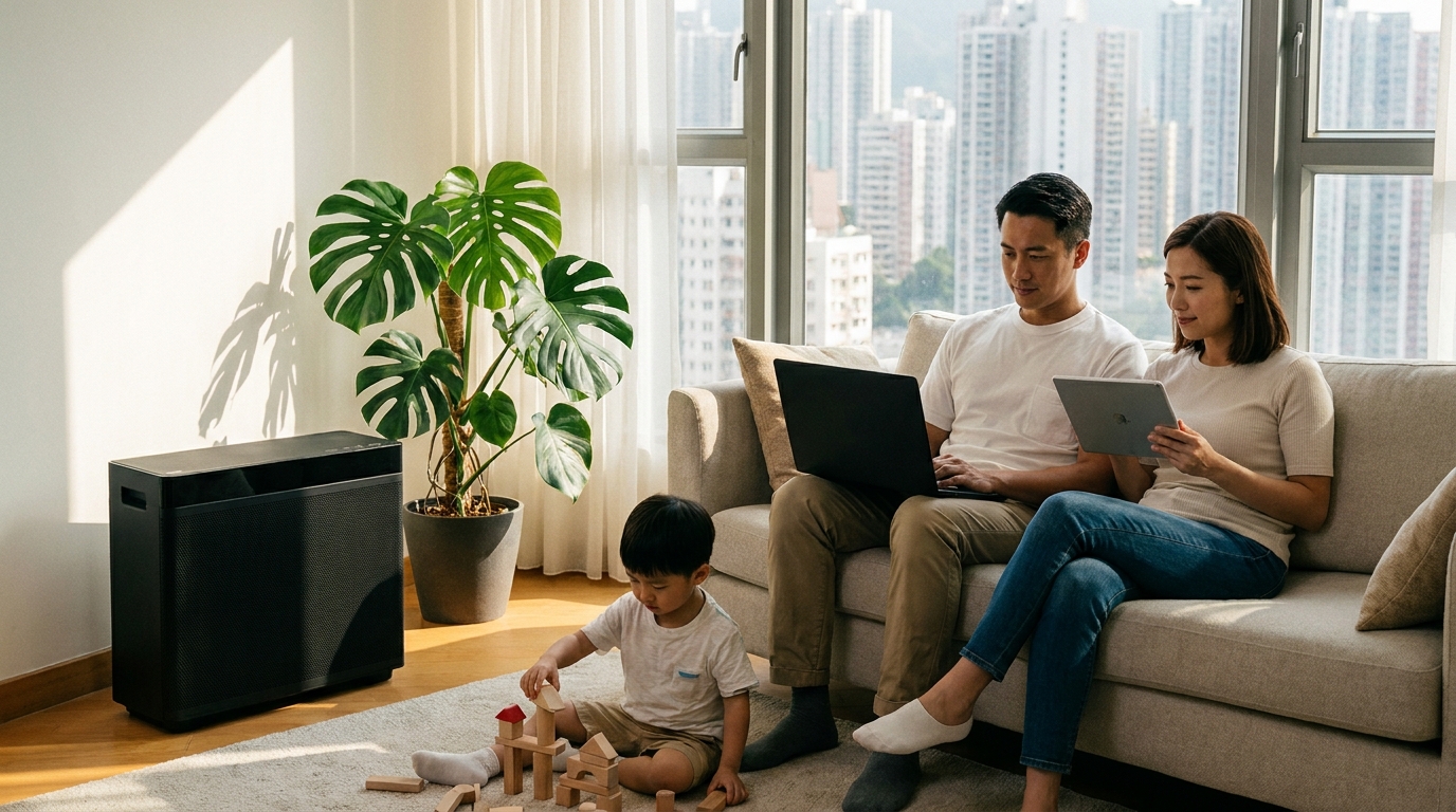 一個現代化嘅香港客廳，有一家人坐喺梳化，爸爸用緊黑色手提電腦，媽媽用緊銀色平板電腦，小朋友喺地氈玩緊積木，客廳角落有一個黑色嘅長方形電子設備，旁邊有綠色盆栽，陽光從窗戶照射入嚟。