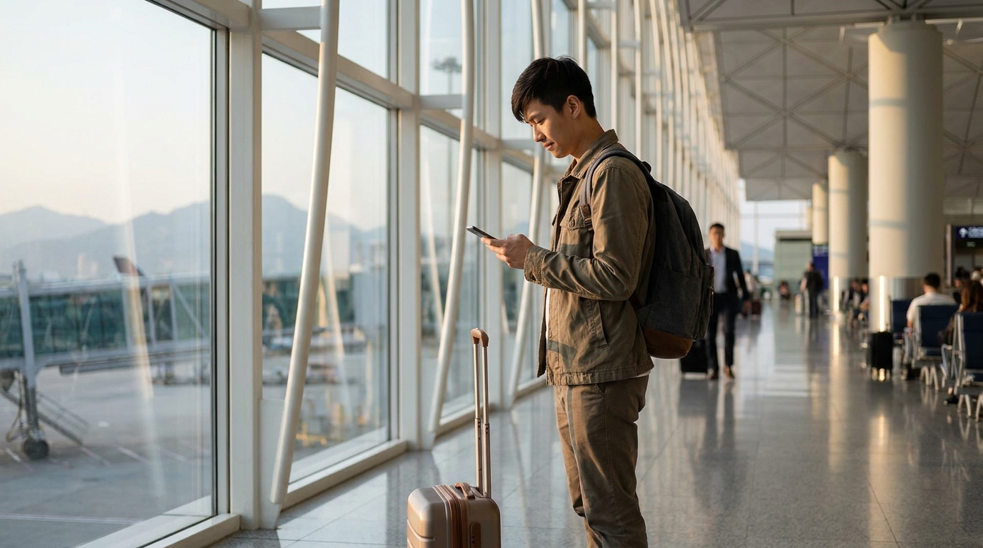 a young man holding a smartphone in the waiting lounge of Hong Kong International Airport, getting ready to board, with a small suitcase next to him and soft sunlight shining through the floor-to-ceiling windows