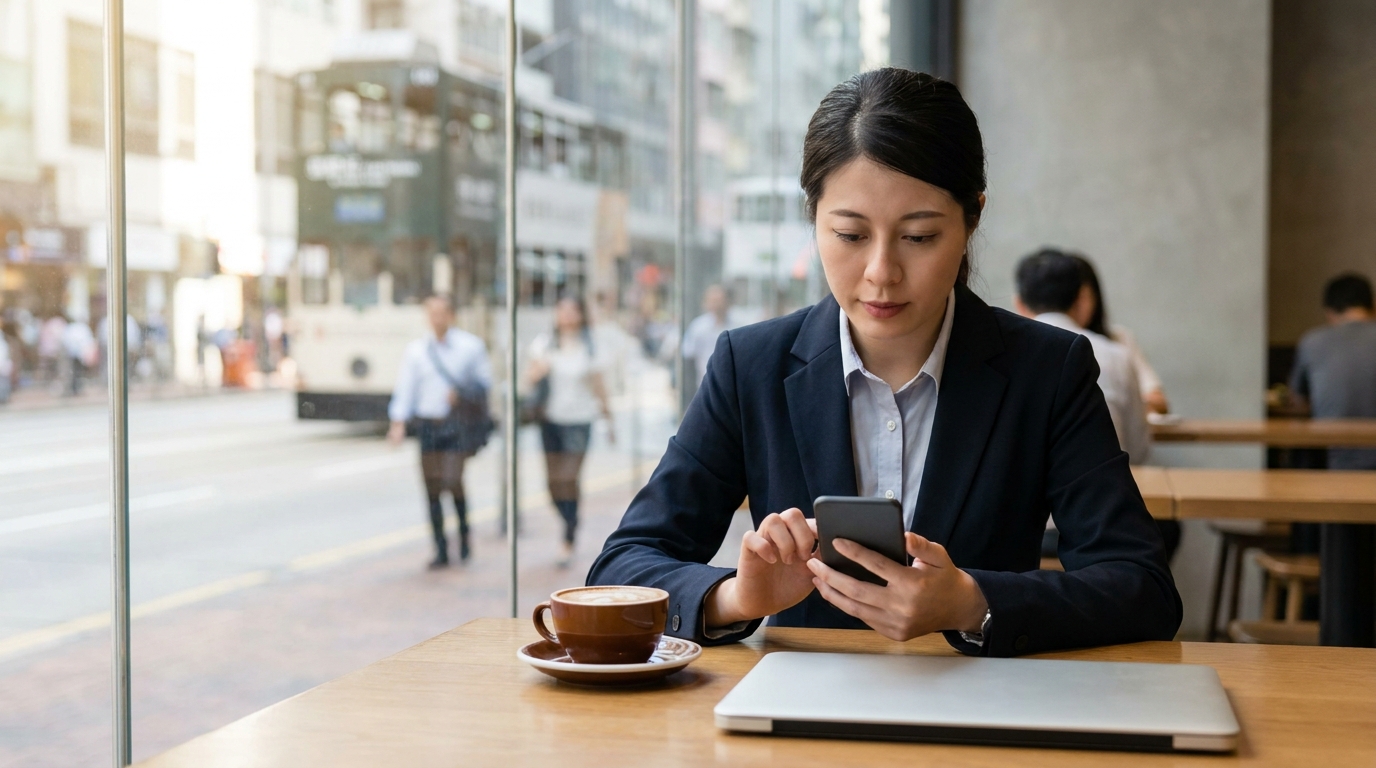 a woman in a neat suit sitting in a modern cafe in Central, with a cup of coffee and a laptop on the table, looking intently at the smartphone in her hand