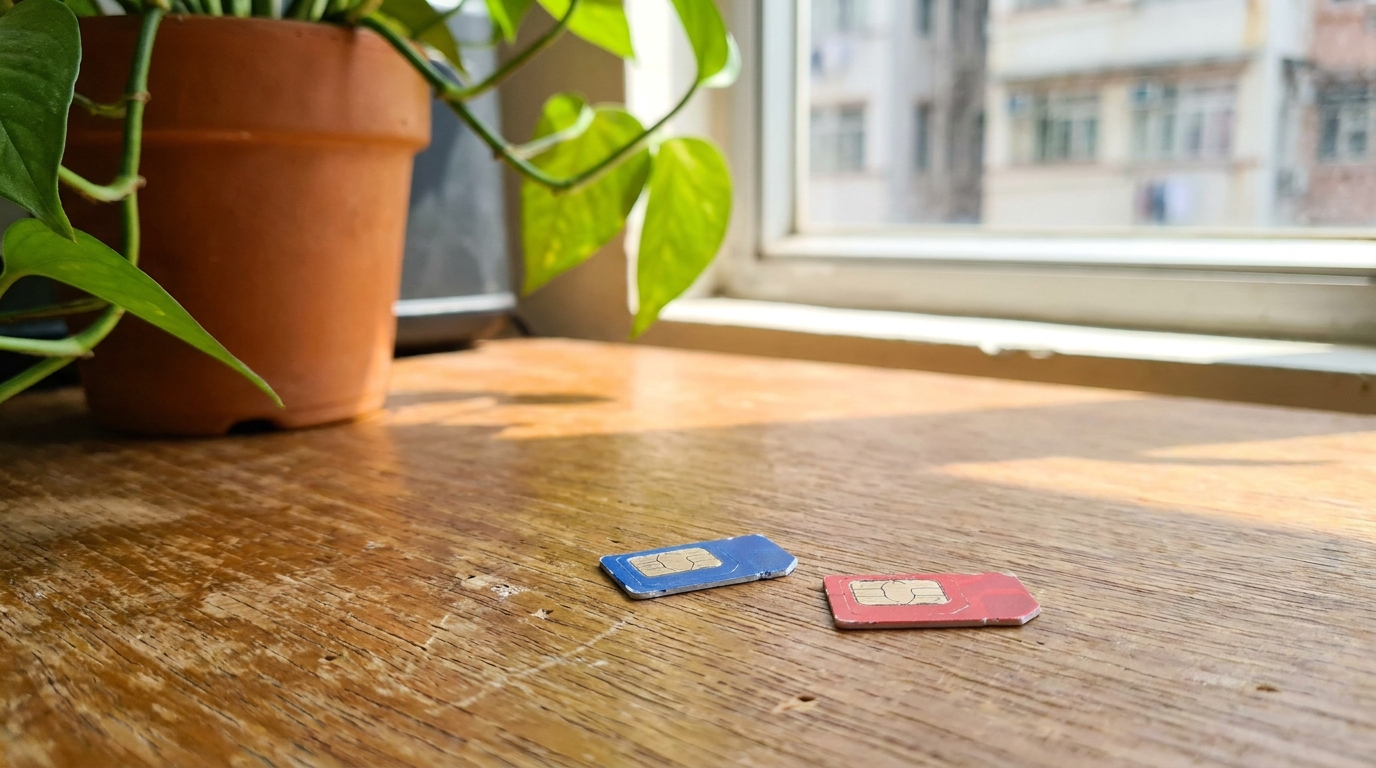 two different colored physical SIM cards placed on a wooden desk, with slightly blurred green potted plant leaves nearby, in bright lighting