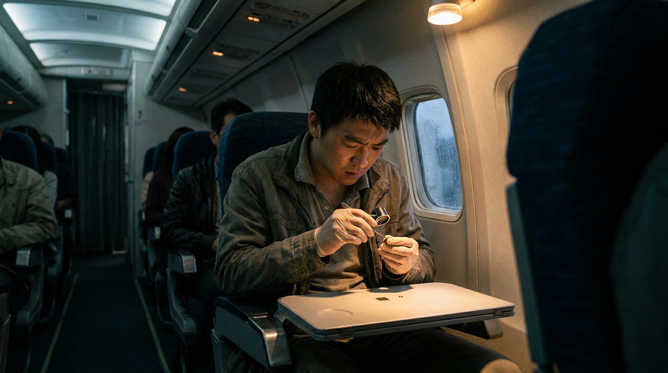 一個眉頭深鎖嘅年輕男士坐喺飛機座位上，機艙光線昏暗，頭頂有盞溫暖嘅閱讀燈，佢雙手正喺摺枱上小心翼翼咁處理緊一塊極細小嘅晶片