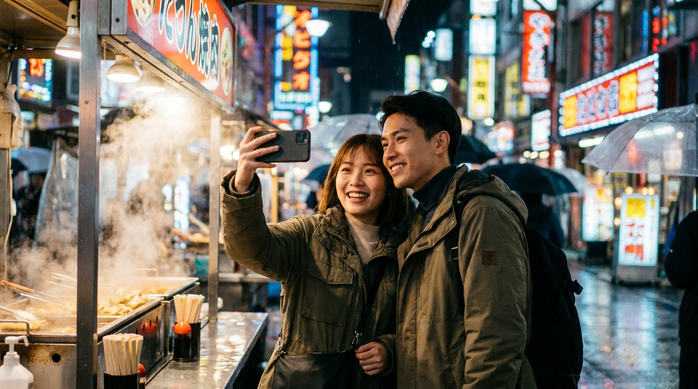 兩個後生仔女喺夜晚繁華嘅日本街頭小食檔前面，舉起智能手機開心自拍，背景充滿色彩繽紛嘅霓虹燈招牌光影