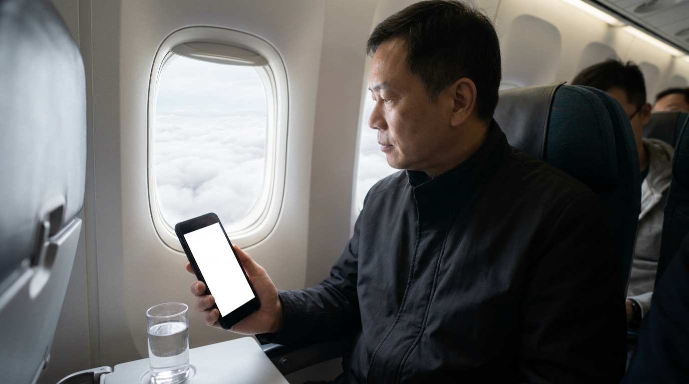 一個男士坐喺飛機機艙嘅窗邊位，望出窗外嘅雲海，手持一部黑色智能手機，畫面顯示背光，旁邊有杯水