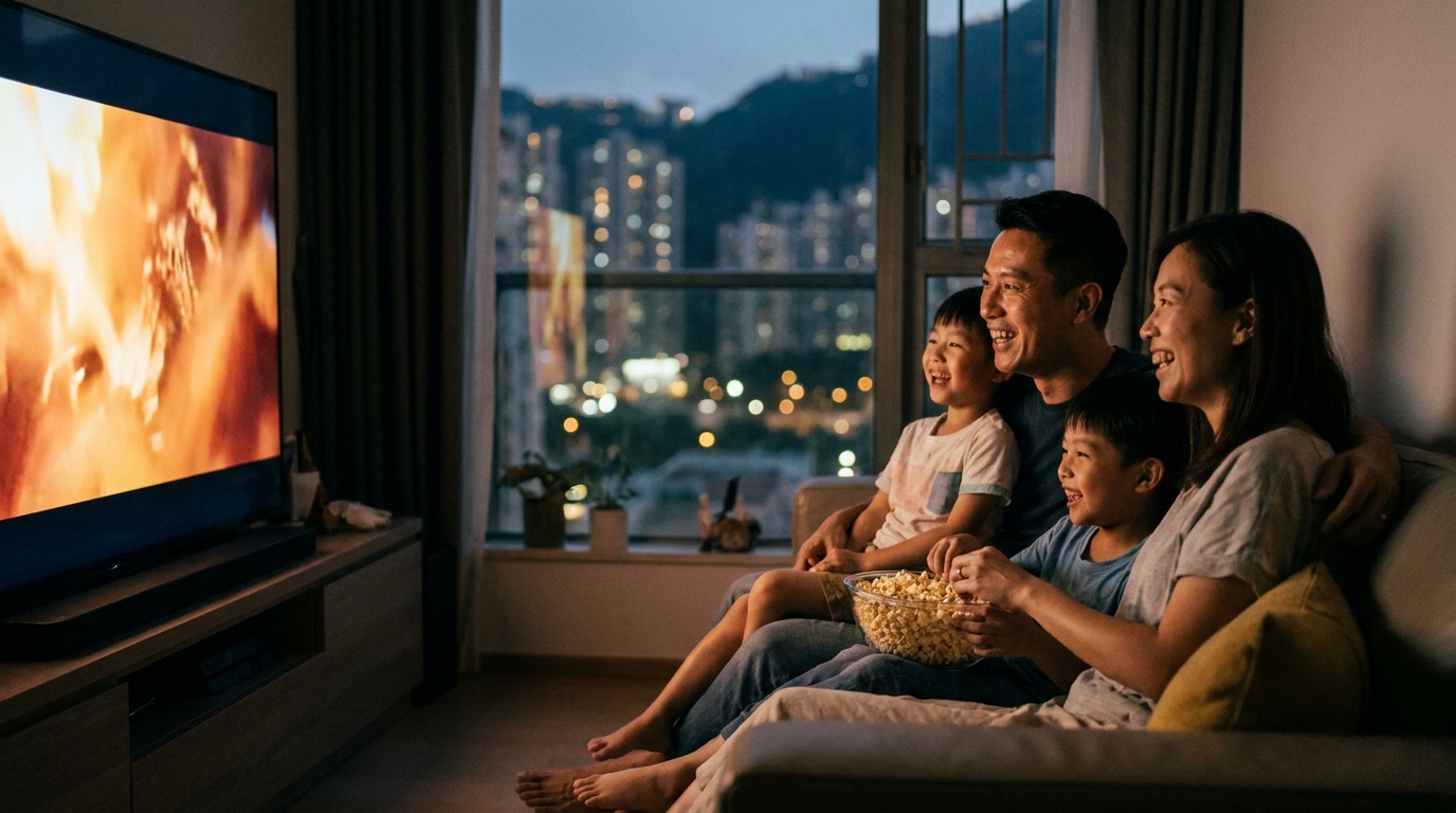 a family of four sitting on a sofa in a dimly lit modern living room, eating popcorn together and happily looking at a large TV screen emitting a warm glow