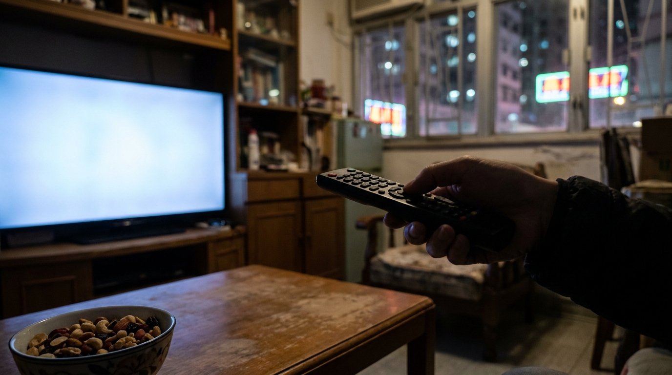 a hand holding a TV remote pointing at a glowing large screen in a dark room, with a bowl of snacks on a wooden coffee table nearby
