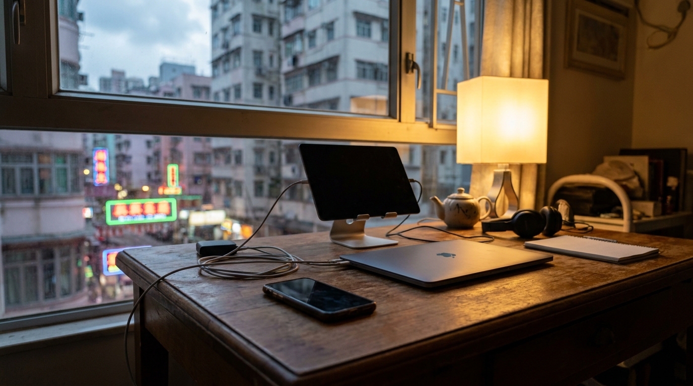 a modern laptop, a tablet, and a smartphone placed on a wooden desk, illuminated by soft ambient lighting, conveying a multi-device streaming vibe