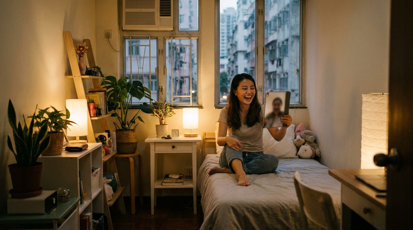 一位東南亞裔年輕女士坐喺單人床上面，笑得好開心咁對住部平板電腦傾計，房入面有少少溫馨嘅燈光