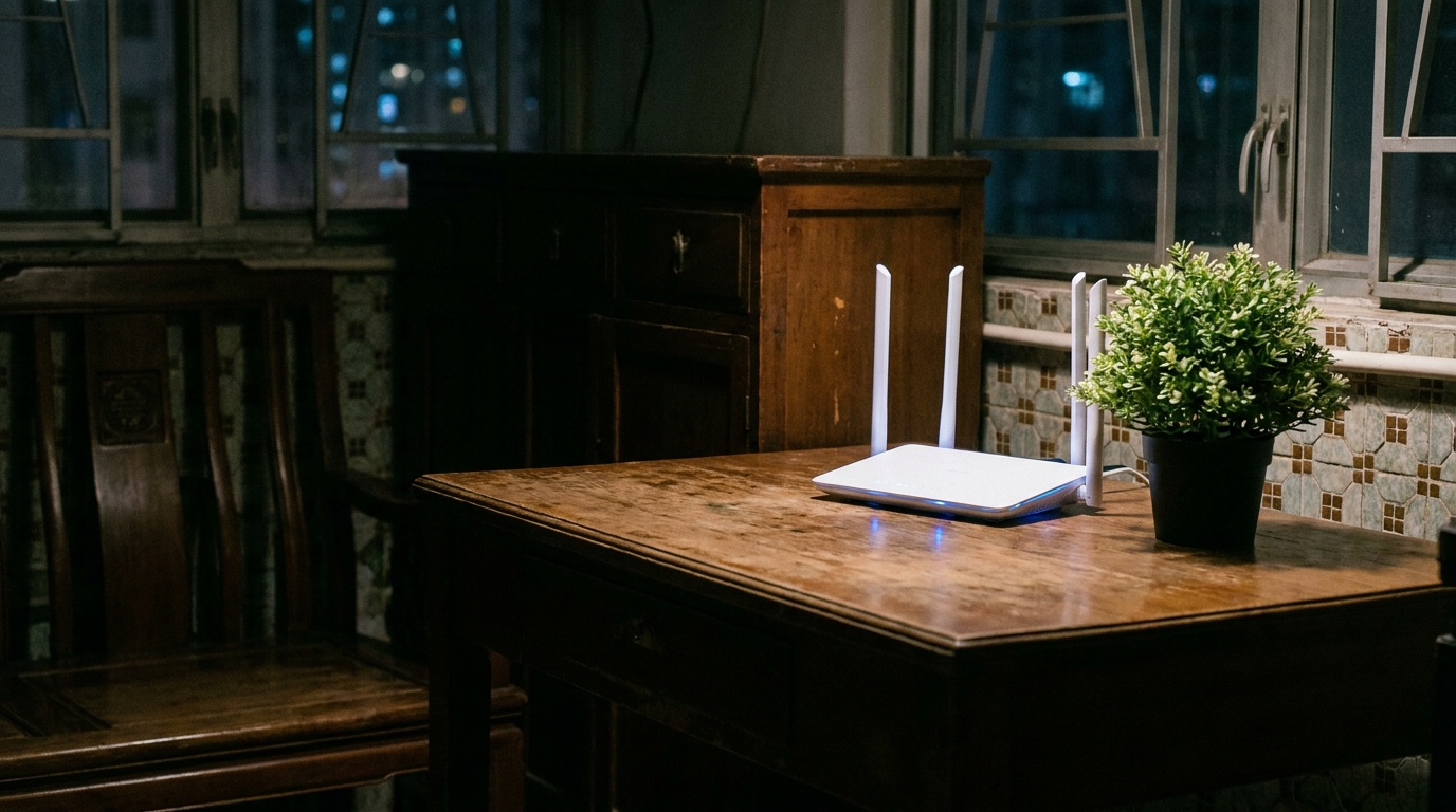 a white antenna router placed on a wooden desk next to a small green plant in a dimly lit living room, with only a faint blue light emitting from the router