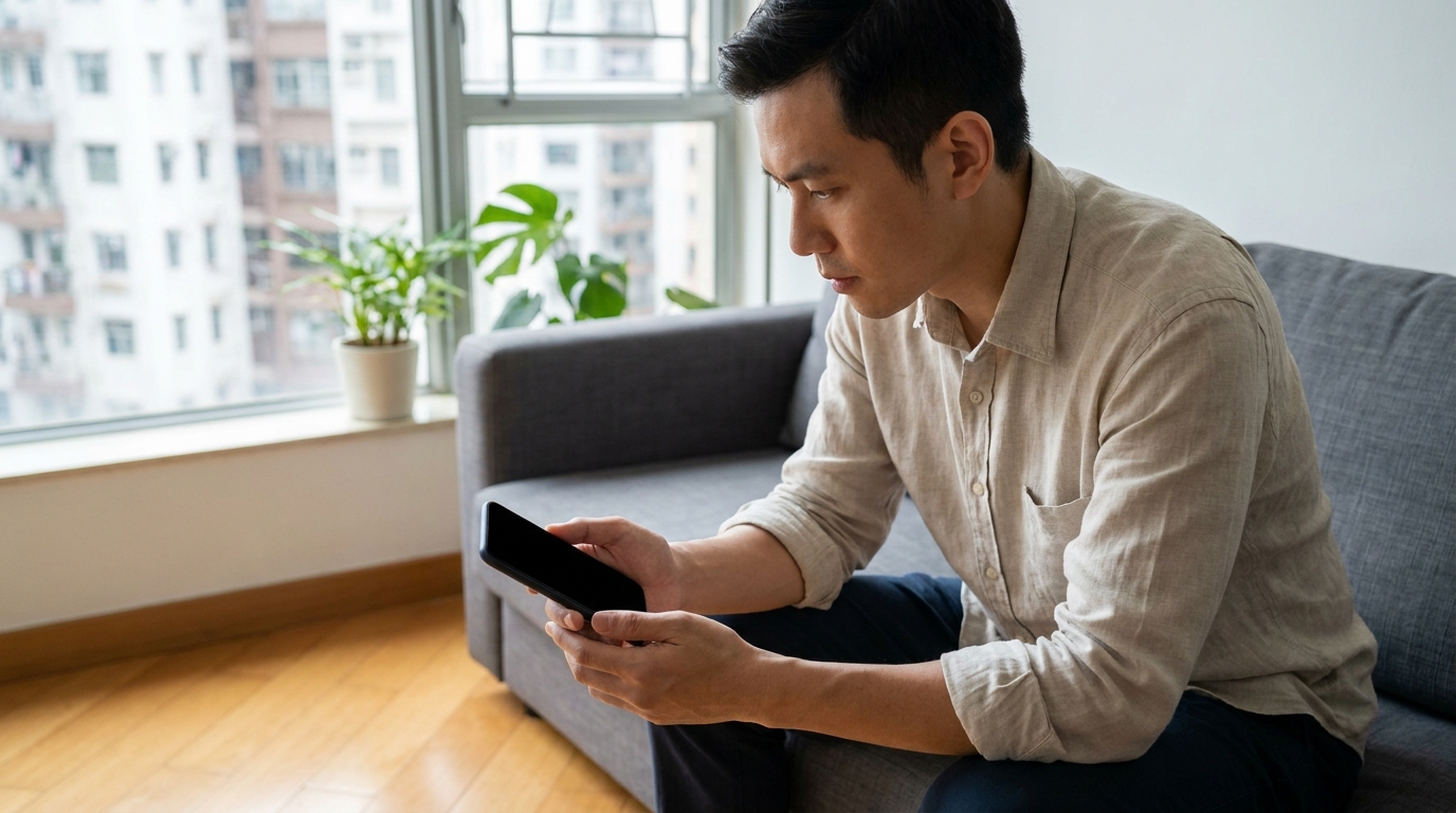 a man in his thirties sitting on a sofa, holding a smartphone and looking intently at the screen, with a well-lit and minimally decorated modern Hong Kong living room in the background