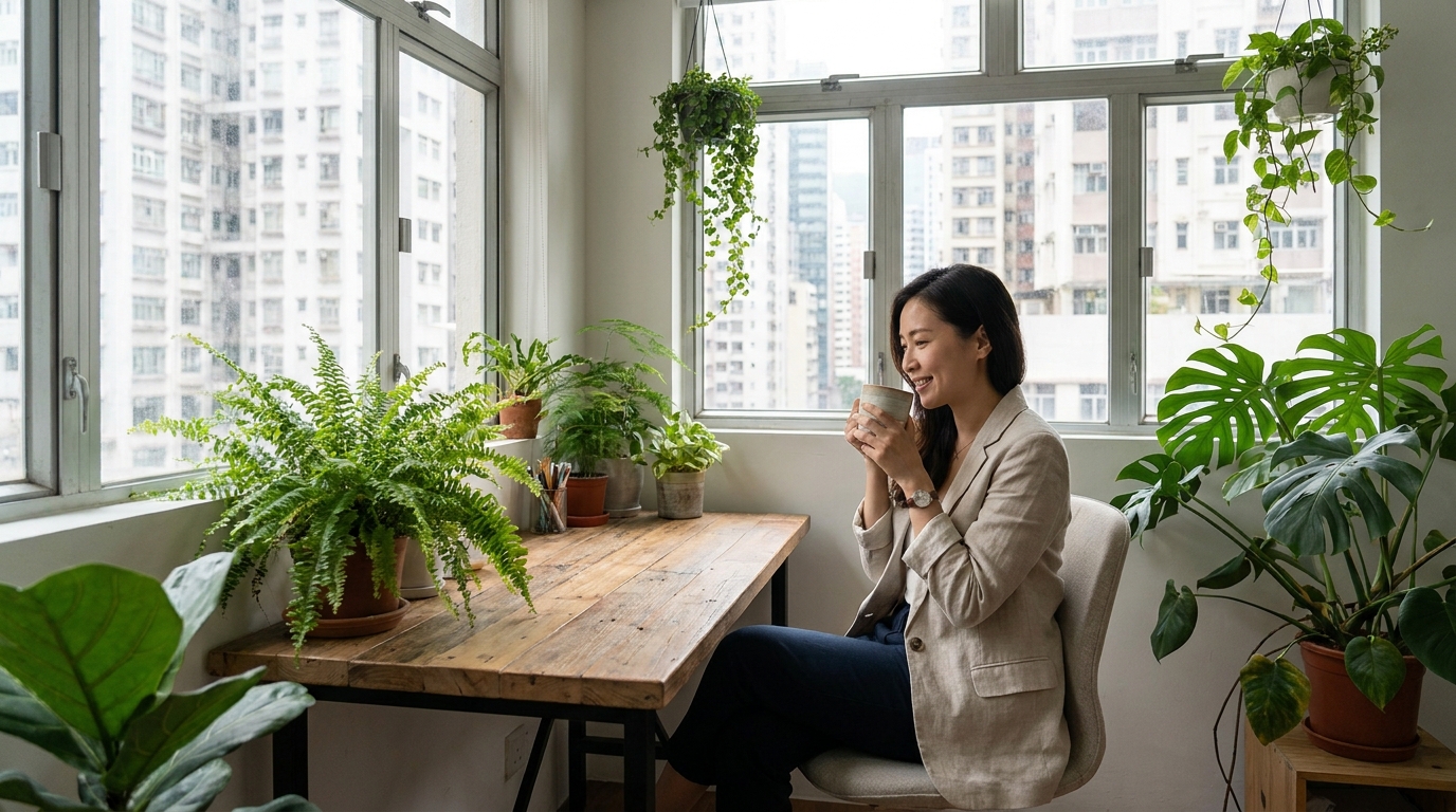 a modern small office filled with green plants and natural lighting, where a woman in business casual attire sits at a desk drinking coffee with a relaxed and satisfied expression