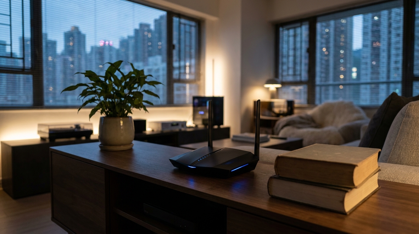 一個發光嘅黑色 Wi-Fi 路由器放喺現代化嘅電視櫃上面，旁邊有兩本厚書同一盆綠色植物，背景係高科技感嘅昏暗客廳