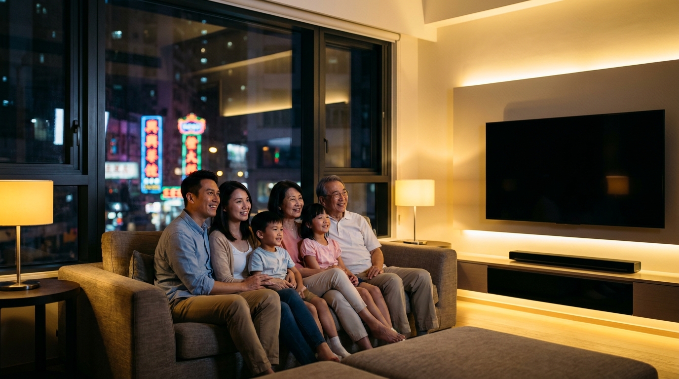 一家人坐喺現代香港客廳梳化上，面帶笑容望住前方嘅大型平面電視，客廳有柔和嘅黃色夜燈，窗外隱約見到城市夜景，氣氛溫馨。