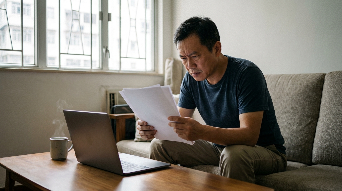 一位男士坐喺客廳梳化上，眉頭深鎖咁望住手上嘅一疊文件，旁邊有一部手提電腦同埋一杯熱茶，室內光線柔和。