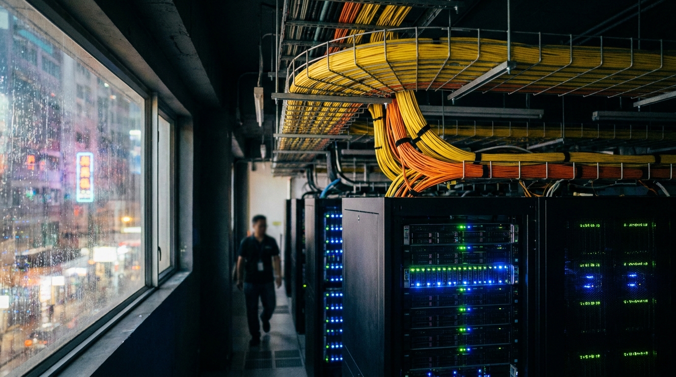 A dark, large-scale data center with rows of server racks lit up by blue and green LED indicators, and thick yellow and orange fiber optic cables neatly arranged on top of the racks