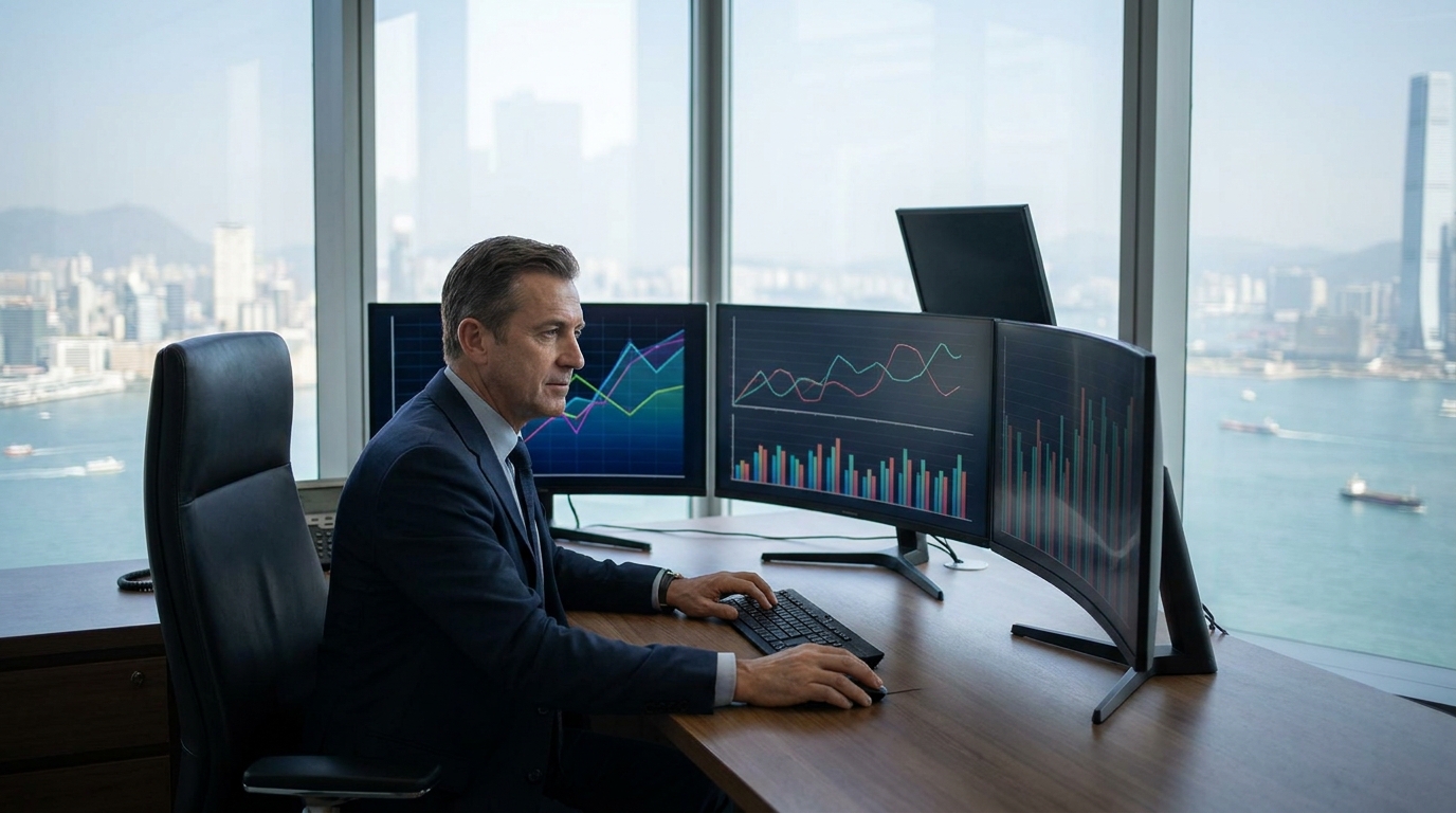 A middle-aged man in a neat suit sitting in a premium Central office, facing three curved monitors displaying complex line and bar charts, with a daytime view of Victoria Harbour through floor-to-ceiling windows in the background