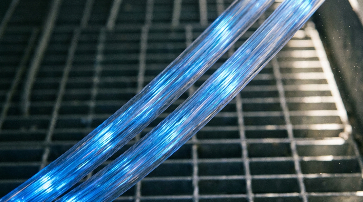 A close-up shot of two transparent fiberglass cables flashing with blue light, against a blurred dark gray metal grid background, full of a sense of technology and speed