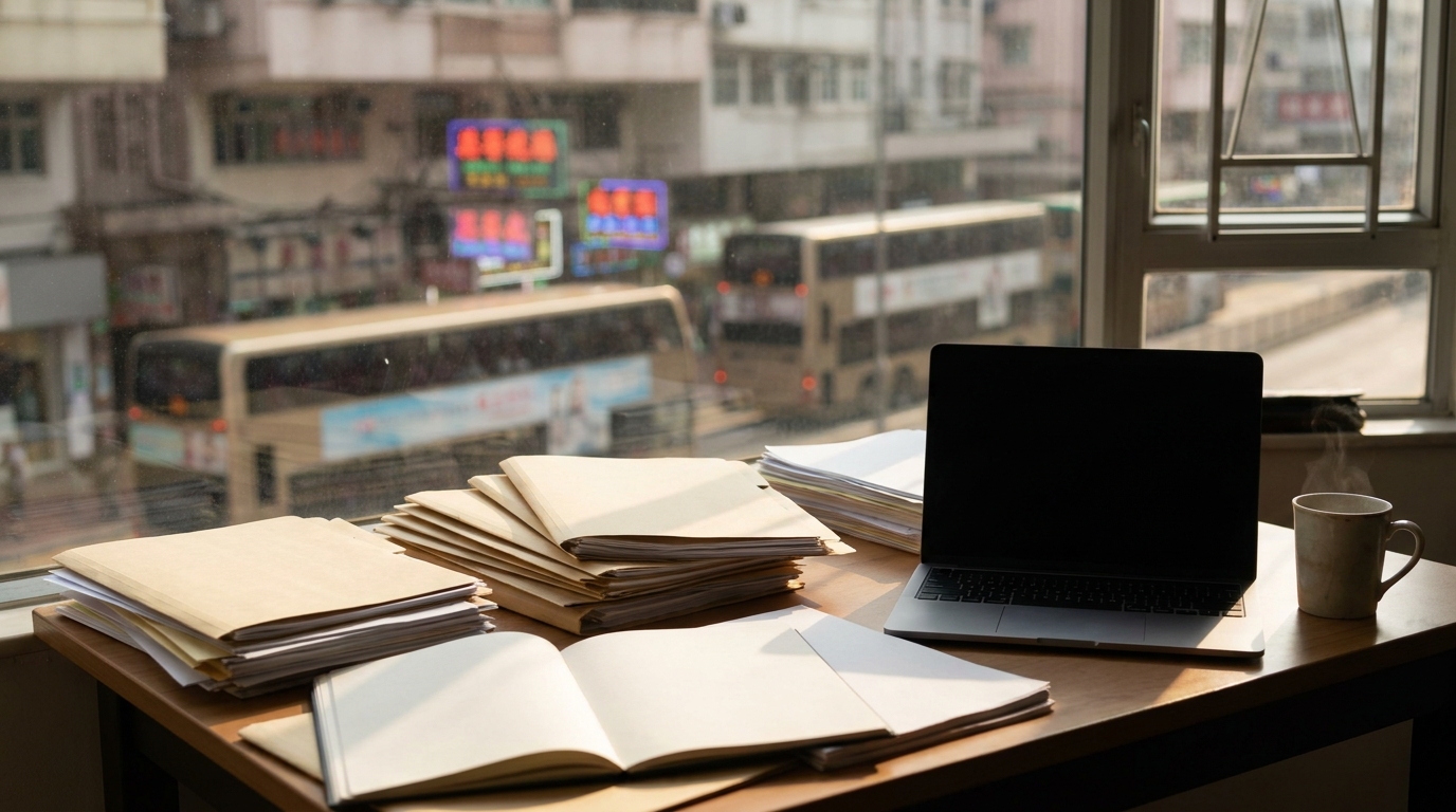 一張木製書枱上放滿各種文件夾、紙張同埋一部手提電腦，旁邊有一杯熱咖啡，陽光由窗外透入，帶有溫暖嘅氣氛。