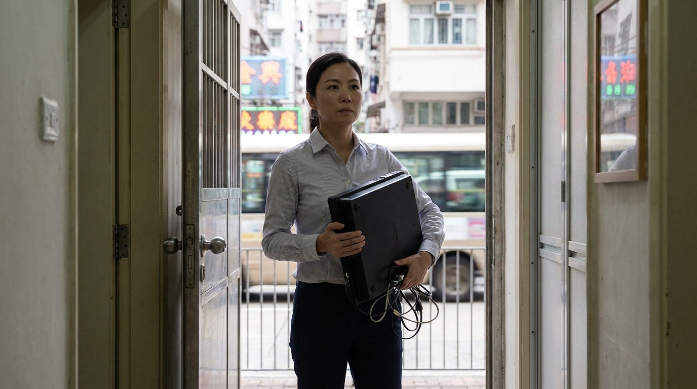 一位穿著整齊恤衫嘅女士企喺屋企門口，手上拿住一個黑色四方形嘅電子儀器同埋一堆電線，正準備出門，神情認真。