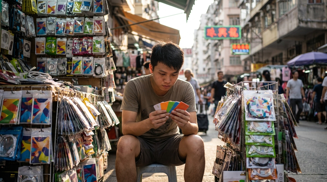 一個後生仔坐喺深水埗鴨寮街路邊嘅排檔前面，專心咁睇住手上面幾張唔同顏色嘅SIM卡，周圍掛滿各種包裝嘅電話卡，陽光火猛