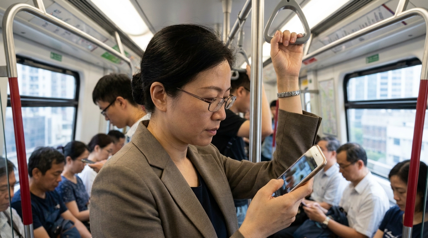 一個OL喺港鐵車廂入面，單手拎住智能手機睇片，另一隻手揸住扶手，車廂光線明亮，背景有其他乘客