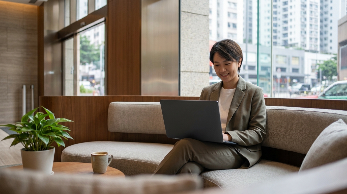 A modern hotel lobby where a business traveller sits on a sofa, laptop open, looking relaxed and focused, with a cup of coffee and green plants nearby.