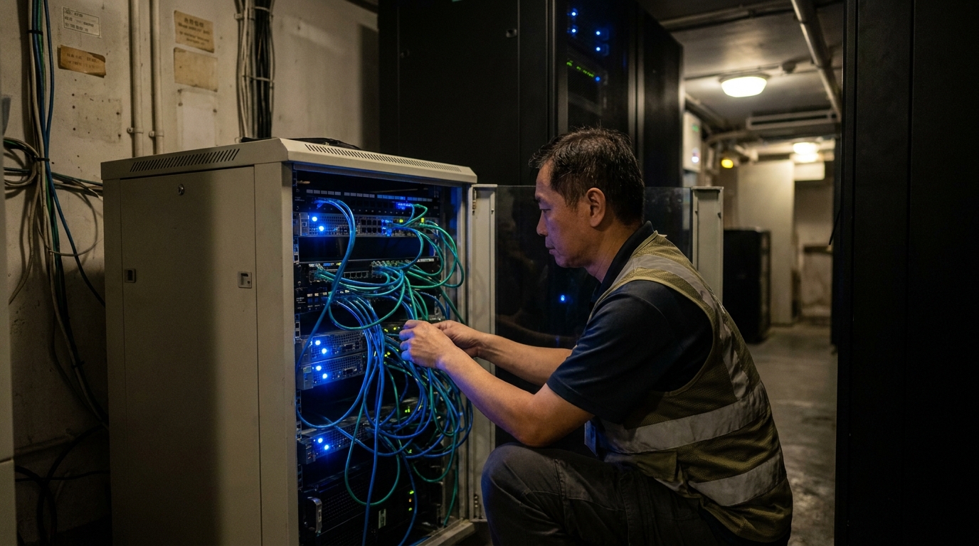 Inside a hotel server room, a professional IT technician is organizing rows of glowing network cables in a server rack. The environment is dim, but the rack has flashing blue indicator lights.