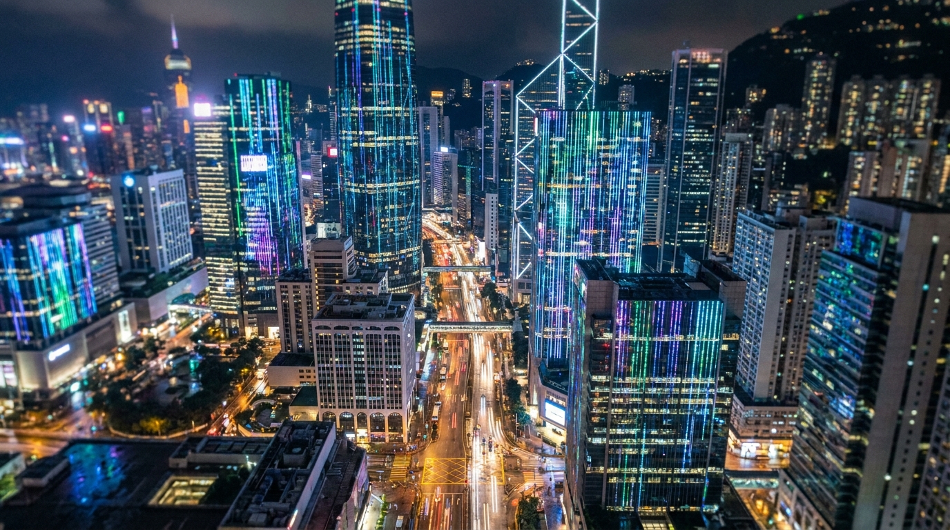 A high-angle night view overlooking a bustling commercial district in Hong Kong, with flashing lights on building exteriors and traffic weaving through the streets, presenting a highly digitalized and connected urban atmosphere.