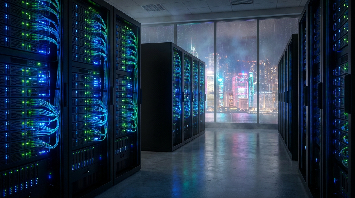 A wide shot of a modern, dark server room with rows of massive black racks, intensely glowing with intricate blue and green fiber optic indicator lights, showcasing advanced network infrastructure