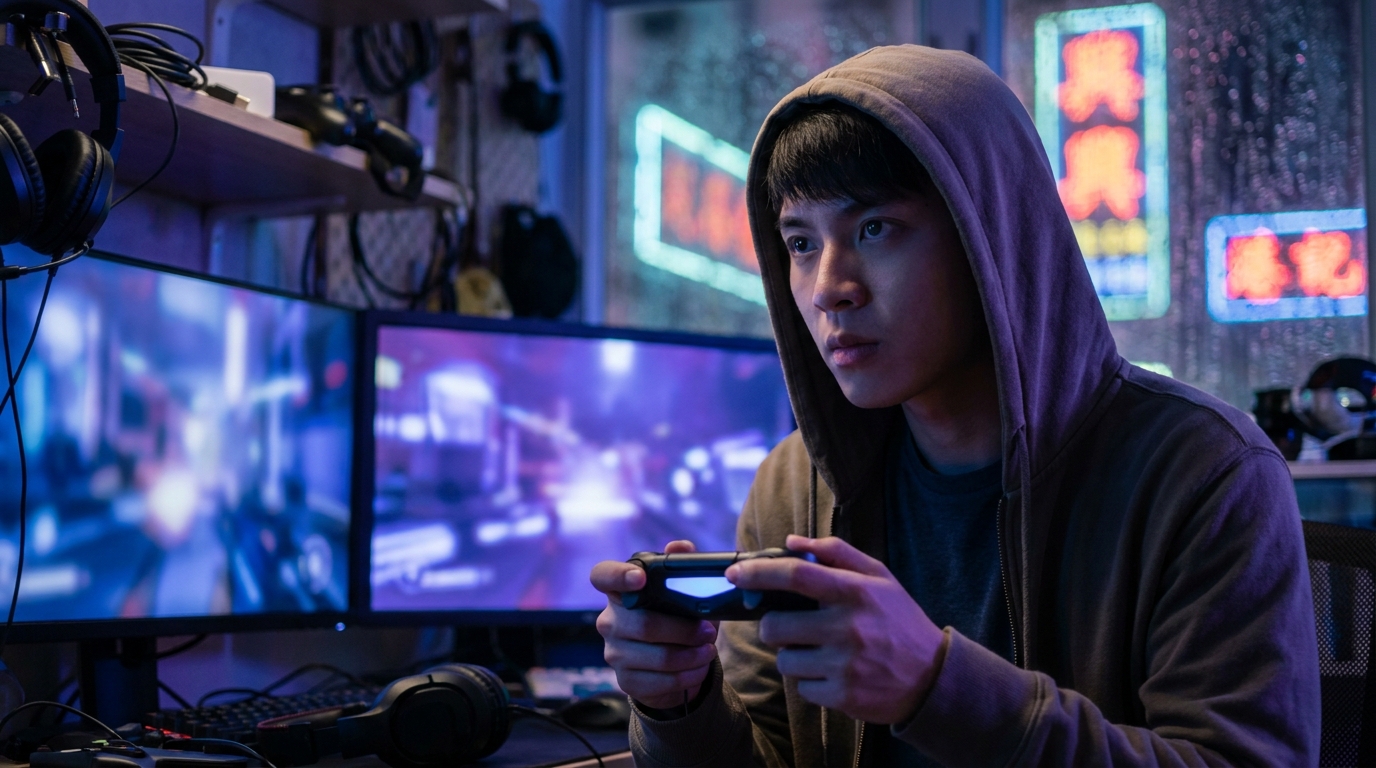 A young person sitting in a dimly lit, atmospheric gaming room bathed in neon purple and blue lights, intensely focused while holding a sleek game controller, facing large glowing dual monitors
