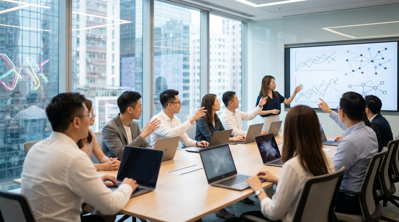 A bright, modern corporate meeting room with glass walls, featuring diverse professionals in smart casual attire discussing around a long wooden table, laptops open, looking at a large wall-mounted screen displaying network charts
