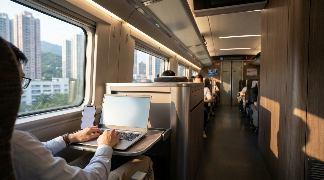 現代化的高速列車車廂內部，陽光從車窗灑入，一名商務旅客正在筆記本電腦上打字，旁邊放著一部智能手機作為熱點使用
