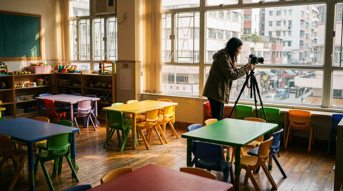 A spacious and bright kindergarten classroom with colorful children's tables and chairs, a teacher adjusting a camera mounted on a tripod, sunlight streaming in through large windows
