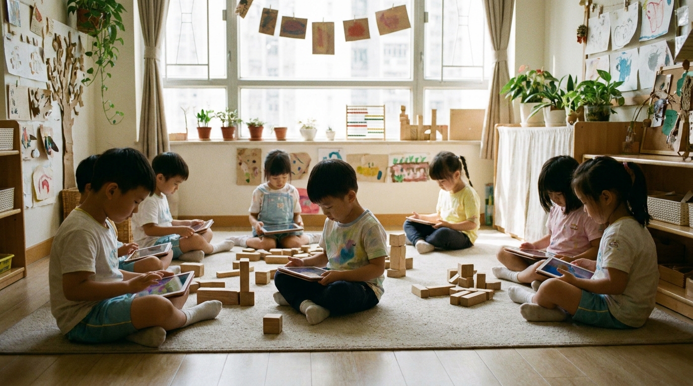 Several children sitting on a rug, focused on the tablets in their hands, with building blocks nearby, in a playfully decorated classroom with soft lighting