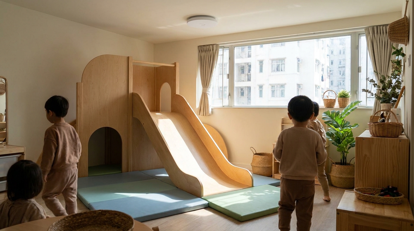 An indoor kindergarten play area with a wooden slide and safety mats, a white circular network access point installed on the ceiling, in a warm and cozy environment
