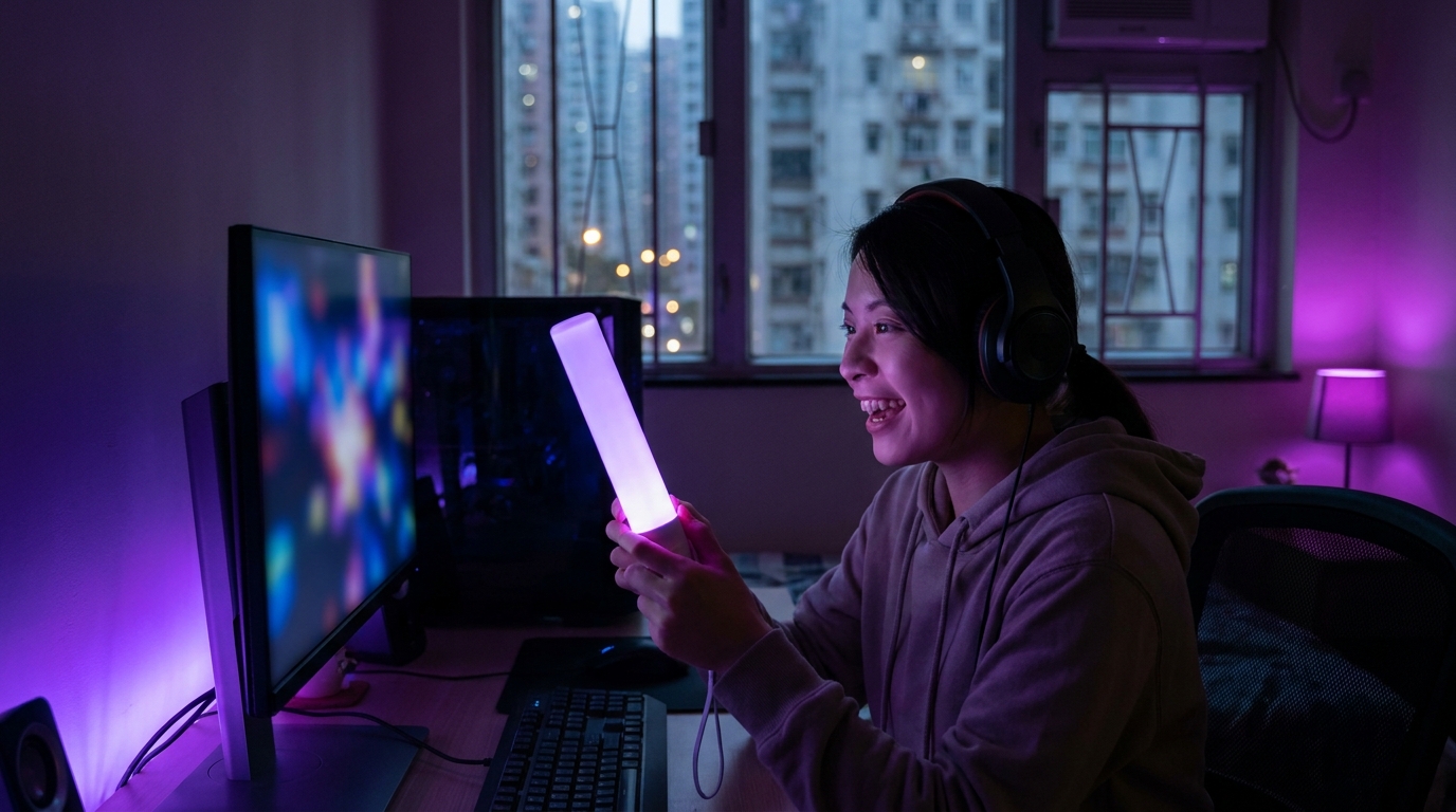 一個後生女戴住耳機，坐喺昏暗嘅睡房入面，望住發光嘅電腦屏幕，雙手興奮咁舉起一枝發光嘅應援棒，房入面有少少紫色嘅氛圍燈光