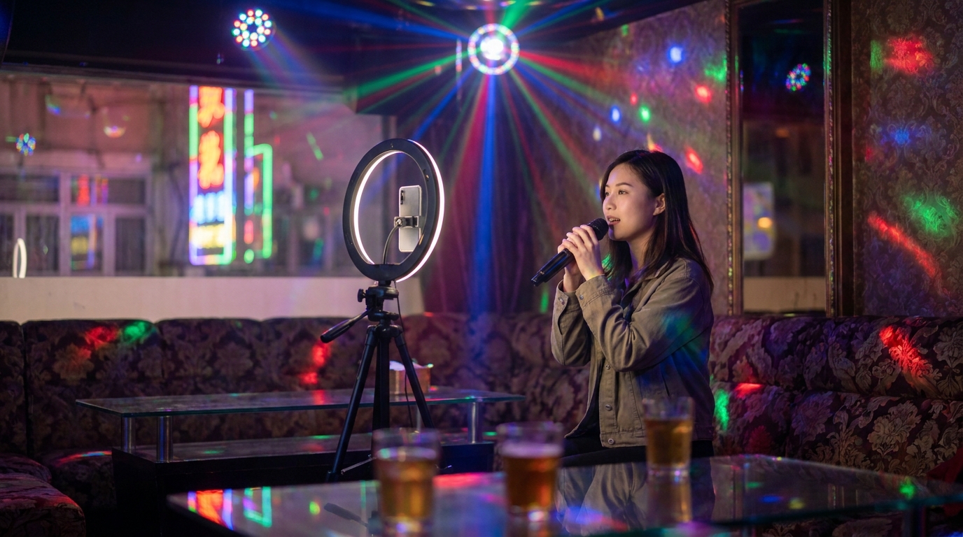 an atmospheric karaoke room with colorful spotlights and laser lights, a young woman holding a microphone singing, with a ring light and tripod holding a smartphone in front of her