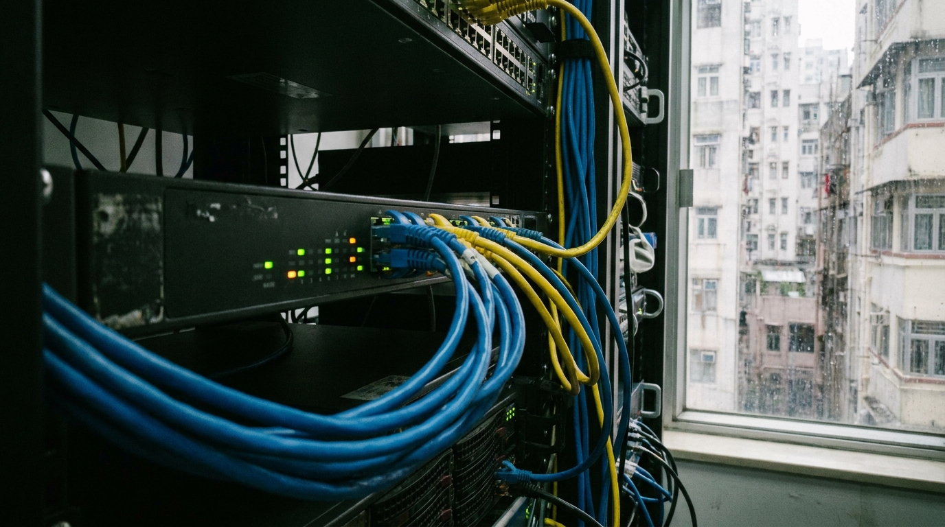 several thick blue and yellow network cables plugged into a professional-grade black server router, in a dimly lit server room environment, with the router flashing green and orange LED indicators