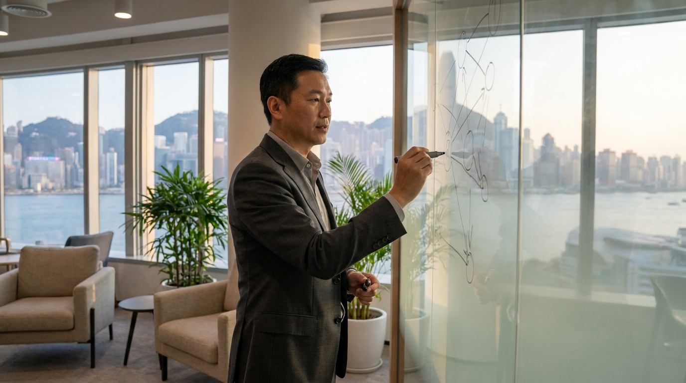 a man in a suit standing in front of a transparent glass whiteboard, holding a highlighter drawing a network topology diagram, surrounded by a modern office environment with a sofa and some green potted plants