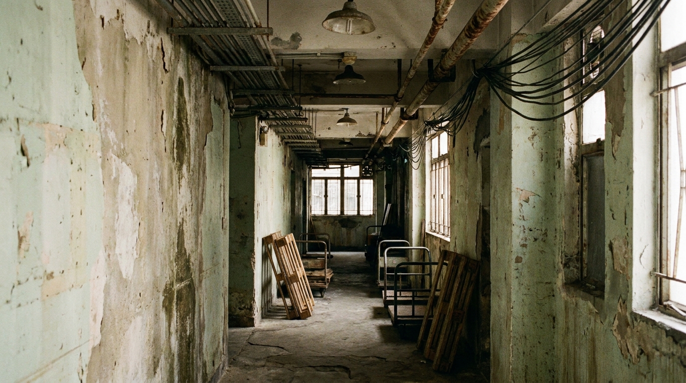 一個裝修懷舊嘅香港舊式工廠大廈走廊，燈光昏暗，牆身有少少斑駁，天花板佈滿外露嘅喉管同電線