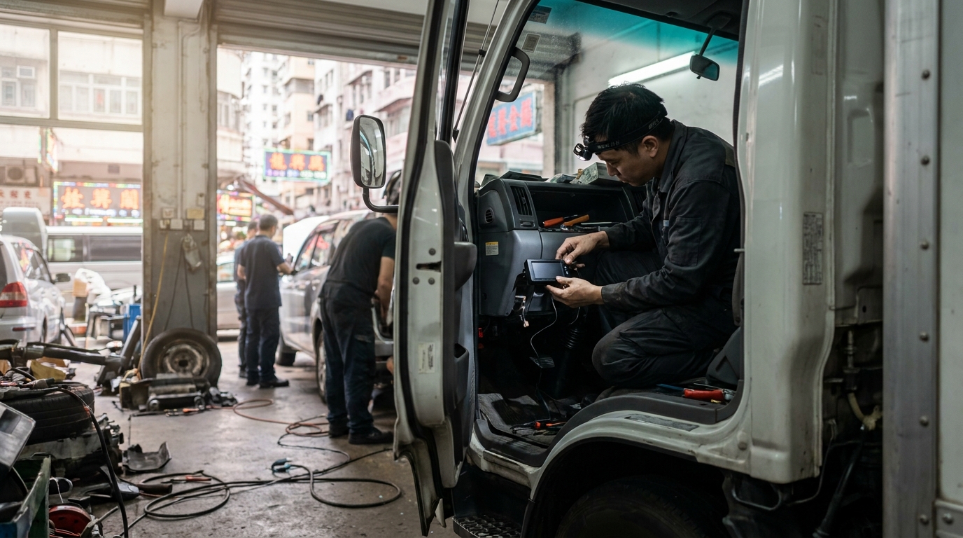 一位技術人員喺一間光線充足嘅修車房入面，正專心將一個黑色嘅小裝置安裝喺貨車司機位儀錶板下面嘅位置