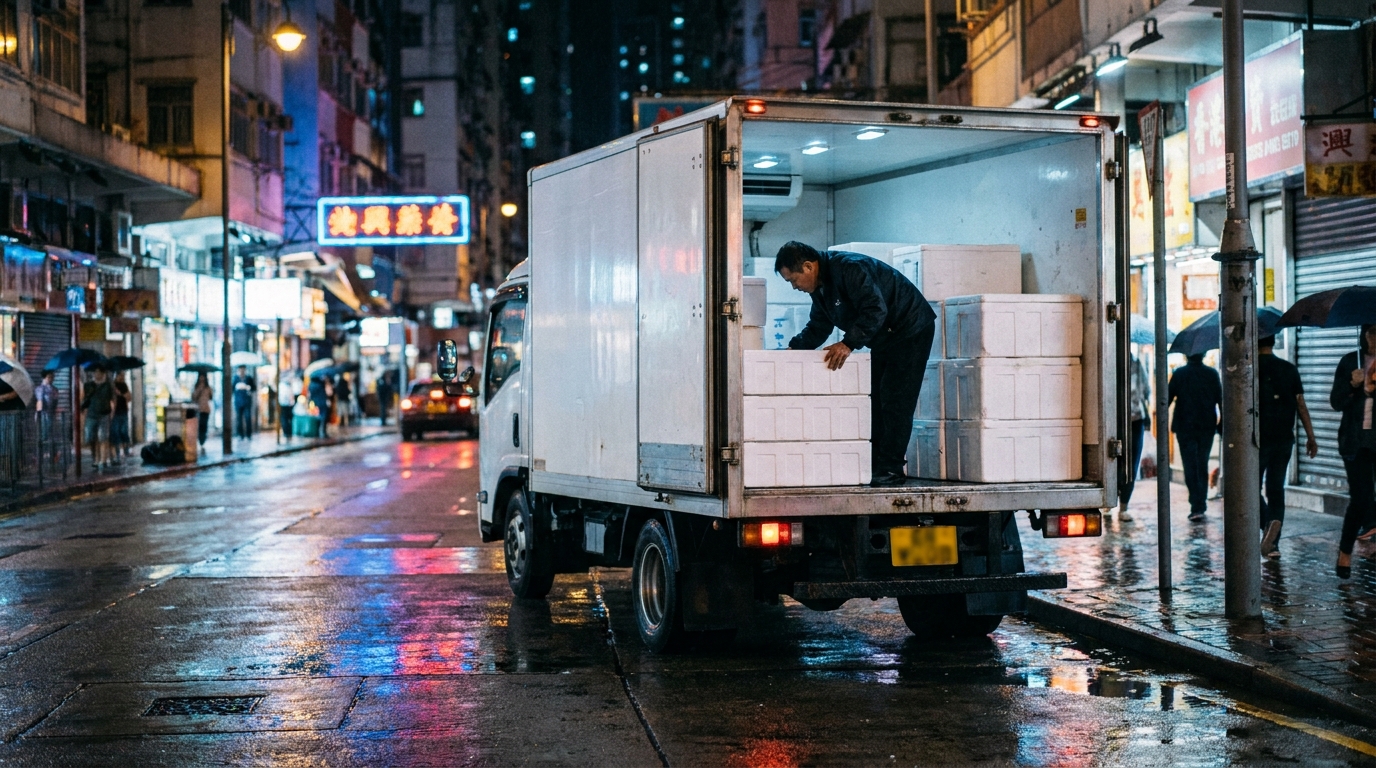 一架密斗貨車夜晚停喺繁忙嘅香港街道旁，地面積水倒影著霓虹燈光，司機正喺車尾箱檢查排列整齊嘅發泡膠保溫箱